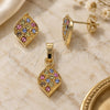 Oro Laminado Earring and Pendant Adult Set, Gold Filled Style Leaf Design, with Multicolor Crystal, Polished, Golden Finish, 10.164.0028.1