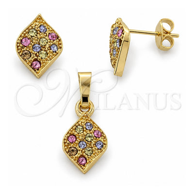 Oro Laminado Earring and Pendant Adult Set, Gold Filled Style Leaf Design, with Multicolor Crystal, Polished, Golden Finish, 10.164.0028.1