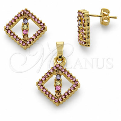 Oro Laminado Earring and Pendant Adult Set, Gold Filled Style with Multicolor Crystal, Polished, Golden Finish, 10.164.0011.1
