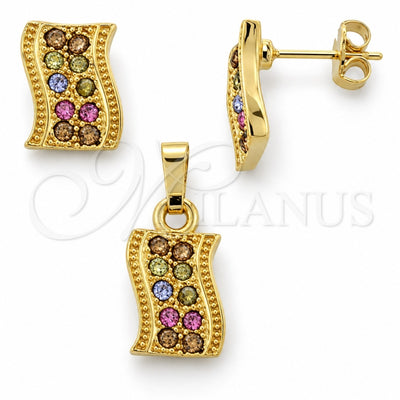 Oro Laminado Earring and Pendant Adult Set, Gold Filled Style with Multicolor Crystal, Polished, Golden Finish, 10.164.0023.1