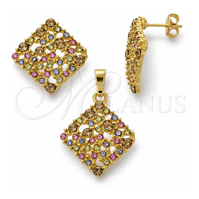 Oro Laminado Earring and Pendant Adult Set, Gold Filled Style with Multicolor Crystal, Matte Finish, Golden Finish, 10.164.0001.1