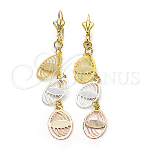 Oro Laminado Long Earring, Gold Filled Style Leaf Design, Polished, Tricolor, 84.011