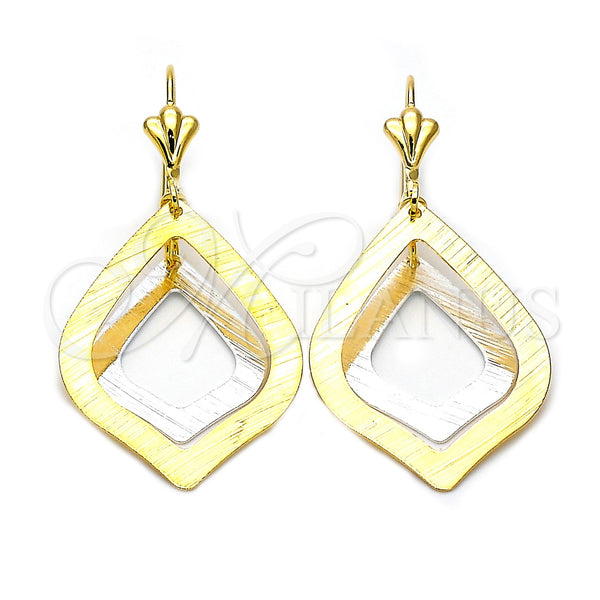 Oro Laminado Long Earring, Gold Filled Style Teardrop Design, Brushed Finish, Tricolor, 72.004