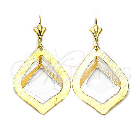 Oro Laminado Long Earring, Gold Filled Style Teardrop Design, Brushed Finish, Tricolor, 72.004