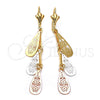 Oro Laminado Long Earring, Gold Filled Style Teardrop and Flower Design, Polished, Tricolor, 73.005