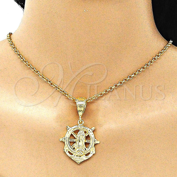 Oro Laminado Religious Pendant, Gold Filled Style Guadalupe and Anchor Design, Diamond Cutting Finish, Golden Finish, 5.187.017