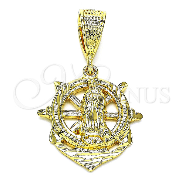 Oro Laminado Religious Pendant, Gold Filled Style Guadalupe and Anchor Design, Diamond Cutting Finish, Golden Finish, 5.187.017