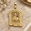 Oro Laminado Religious Pendant, Gold Filled Style Santa Barbara Design, with Ruby Cubic Zirconia, Diamond Cutting Finish, Golden Finish, 5.187.010