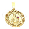 Oro Laminado Religious Pendant, Gold Filled Style Santa Barbara Design, with Ruby Cubic Zirconia, Diamond Cutting Finish, Golden Finish, 5.184.017