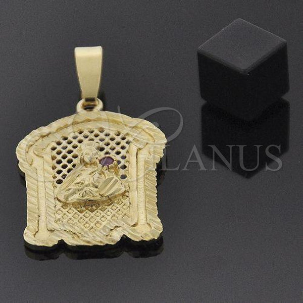 Oro Laminado Religious Pendant, Gold Filled Style Santa Barbara Design, with Ruby Cubic Zirconia, Diamond Cutting Finish, Golden Finish, 5.185.018