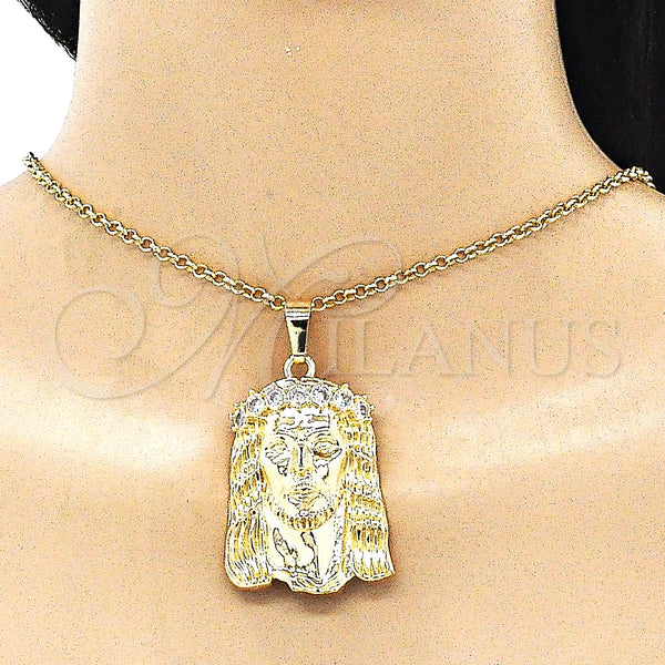 Oro Laminado Religious Pendant, Gold Filled Style Jesus Design, with White Cubic Zirconia, Polished, Golden Finish, 5.187.002