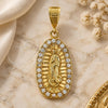 Oro Laminado Religious Pendant, Gold Filled Style Guadalupe Design, with White Cubic Zirconia, Polished, Golden Finish, 5.184.004