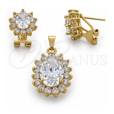 Oro Laminado Earring and Pendant Adult Set, Gold Filled Style with White Cubic Zirconia, Polished, Golden Finish, 5.055.002