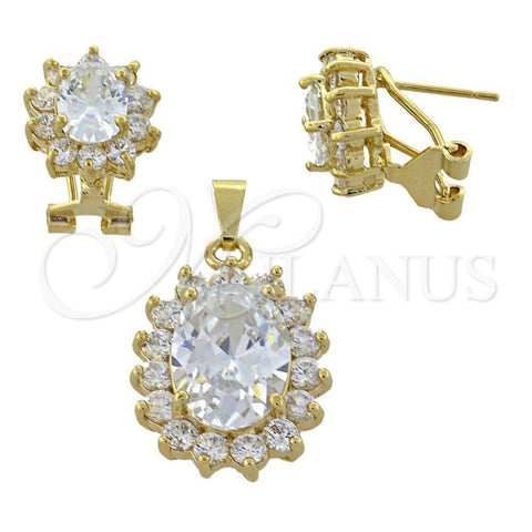 Oro Laminado Earring and Pendant Adult Set, Gold Filled Style with White Cubic Zirconia, Polished, Golden Finish, 5.055.002