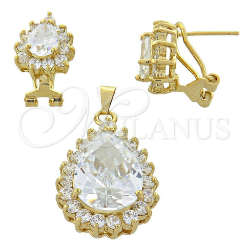 Oro Laminado Earring and Pendant Adult Set, Gold Filled Style Teardrop Design, with White Cubic Zirconia, Polished, Golden Finish, 5.055.004