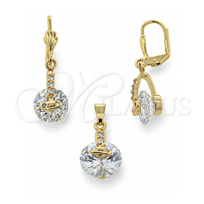 Oro Laminado Earring and Pendant Adult Set, Gold Filled Style with White Cubic Zirconia, Polished, Golden Finish, 5.054.009