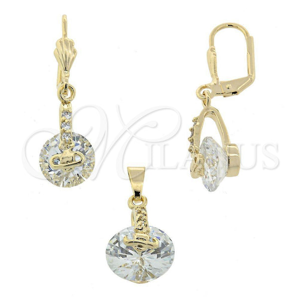 Oro Laminado Earring and Pendant Adult Set, Gold Filled Style with White Cubic Zirconia, Polished, Golden Finish, 5.054.009
