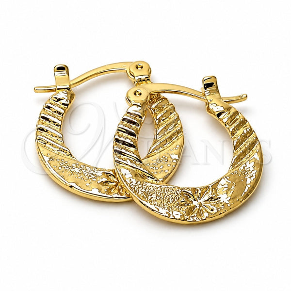 Oro Laminado Small Hoop, Gold Filled Style Flower Design, Diamond Cutting Finish, Golden Finish, 96.014