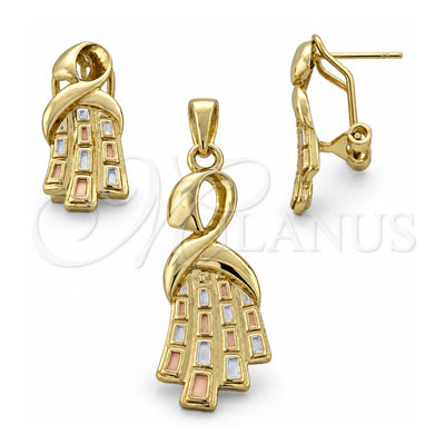 Oro Laminado Earring and Pendant Adult Set, Gold Filled Style Polished, Tricolor, 5.061.004