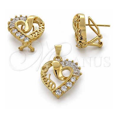 Oro Laminado Earring and Pendant Adult Set, Gold Filled Style Heart Design, with White Cubic Zirconia, Polished, Golden Finish, 5.054.001