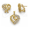 Oro Laminado Earring and Pendant Adult Set, Gold Filled Style Heart Design, with White Cubic Zirconia, Polished, Golden Finish, 5.054.001