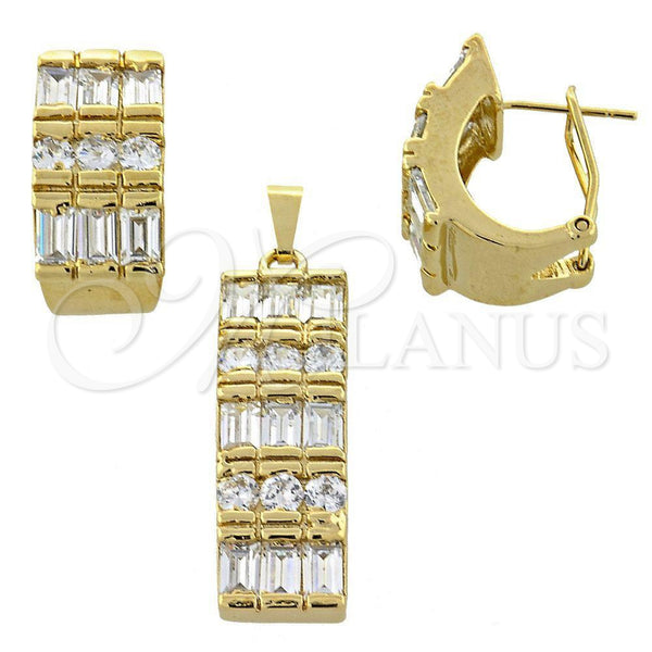 Oro Laminado Earring and Pendant Adult Set, Gold Filled Style Baguette Design, with White Cubic Zirconia, Polished, Golden Finish, 5.054.005