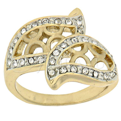 Oro Laminado Multi Stone Ring, Gold Filled Style Leaf Design, with White Crystal, Matte Finish, Tricolor for wholesale, main product view