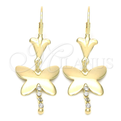 Oro Laminado Long Earring, Gold Filled Style Butterfly Design, with White Cubic Zirconia, Polished, Golden Finish, 72.007