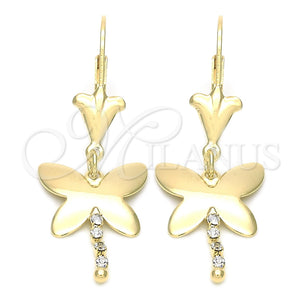 Oro Laminado Long Earring, Gold Filled Style Butterfly Design, with White Cubic Zirconia, Polished, Golden Finish, 72.007
