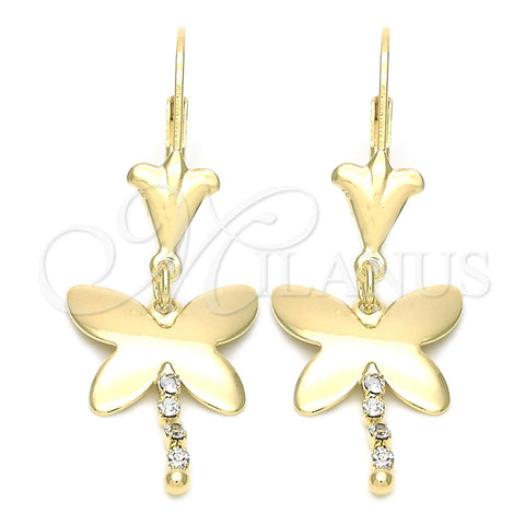 Oro Laminado Long Earring, Gold Filled Style Butterfly Design, with White Cubic Zirconia, Polished, Golden Finish, 72.007