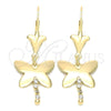 Oro Laminado Long Earring, Gold Filled Style Butterfly Design, with White Cubic Zirconia, Polished, Golden Finish, 72.007