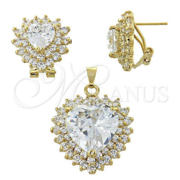 Oro Laminado Earring and Pendant Adult Set, Gold Filled Style Heart Design, with White Cubic Zirconia, Polished, Golden Finish, 5.055.003