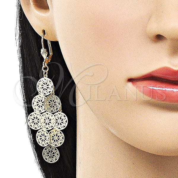 Oro Laminado Chandelier Earring, Gold Filled Style Flower Design, Polished, Golden Finish, 080.006