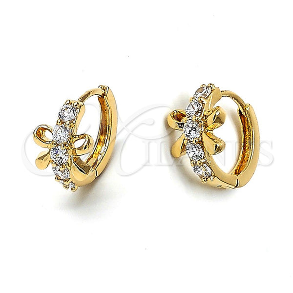 Oro Laminado Huggie Hoop, Gold Filled Style Bow Design, with White Cubic Zirconia, Polished, Golden Finish, 5.130.024