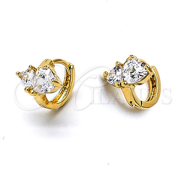 Oro Laminado Huggie Hoop, Gold Filled Style Heart Design, with White Cubic Zirconia, Polished, Golden Finish, 5.132.009