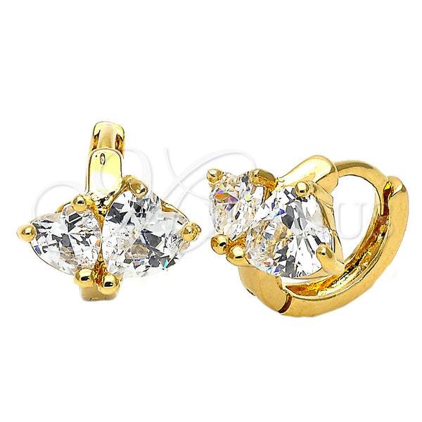 Oro Laminado Huggie Hoop, Gold Filled Style Heart Design, with White Cubic Zirconia, Polished, Golden Finish, 5.132.009
