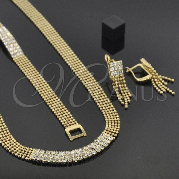Oro Laminado Necklace, Bracelet and Earring, Gold Filled Style with White Cubic Zirconia, Polished, Golden Finish, 5.014.001