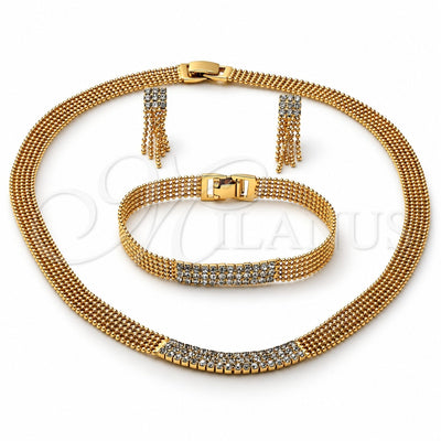 Oro Laminado Necklace, Bracelet and Earring, Gold Filled Style with White Cubic Zirconia, Polished, Golden Finish, 5.014.001