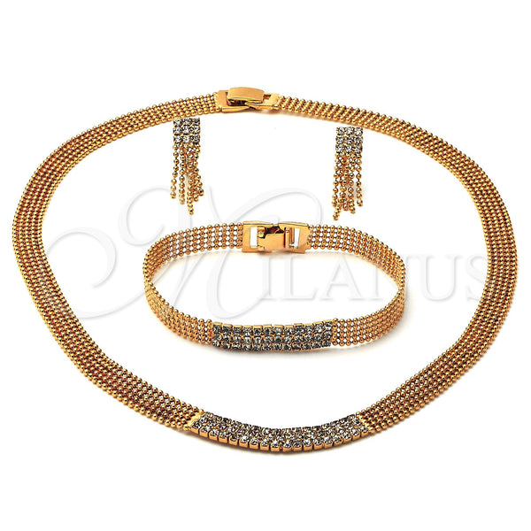Oro Laminado Necklace, Bracelet and Earring, Gold Filled Style with White Cubic Zirconia, Polished, Golden Finish, 5.014.001
