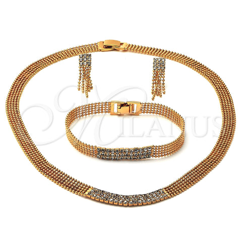 Oro Laminado Necklace, Bracelet and Earring, Gold Filled Style with White Cubic Zirconia, Polished, Golden Finish, 5.014.001