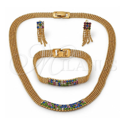 Oro Laminado Necklace, Bracelet and Earring, Gold Filled Style with Multicolor Cubic Zirconia, Polished, Golden Finish, 5.014.002
