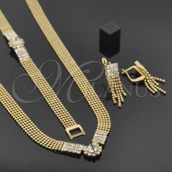 Oro Laminado Necklace, Bracelet and Earring, Gold Filled Style with White Cubic Zirconia, Polished, Golden Finish, 5.012.001