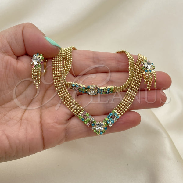 Oro Laminado Necklace, Bracelet and Earring, Gold Filled Style with Multicolor Cubic Zirconia, Polished, Golden Finish, 5.012.003