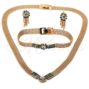 Oro Laminado Necklace, Bracelet and Earring, Gold Filled Style with Multicolor Cubic Zirconia, Polished, Golden Finish, 5.012.003