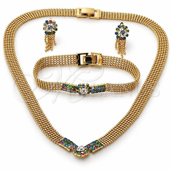 Oro Laminado Necklace, Bracelet and Earring, Gold Filled Style with Multicolor Cubic Zirconia, Polished, Golden Finish, 5.012.003