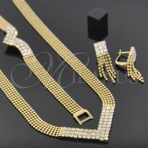 Oro Laminado Necklace, Bracelet and Earring, Gold Filled Style with White Cubic Zirconia, Polished, Golden Finish, 5.014.004