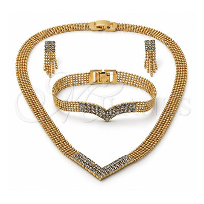 Oro Laminado Necklace, Bracelet and Earring, Gold Filled Style with White Cubic Zirconia, Polished, Golden Finish, 5.014.004