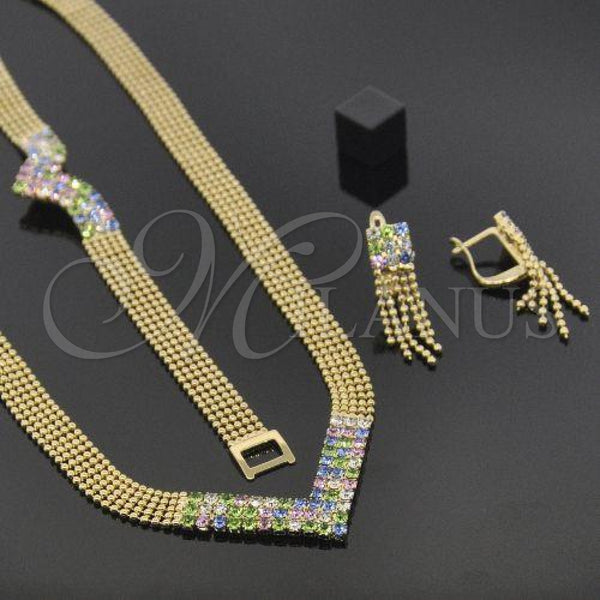 Oro Laminado Necklace, Bracelet and Earring, Gold Filled Style with White Cubic Zirconia, Polished, Golden Finish, 5.014.005