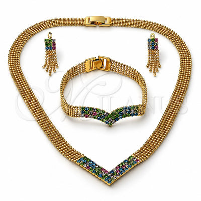 Oro Laminado Necklace, Bracelet and Earring, Gold Filled Style with White Cubic Zirconia, Polished, Golden Finish, 5.014.005