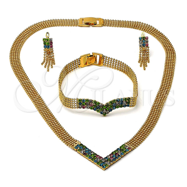 Oro Laminado Necklace, Bracelet and Earring, Gold Filled Style with White Cubic Zirconia, Polished, Golden Finish, 5.014.005